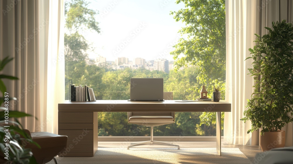 Fototapeta premium Home office desk by the window overlooking green trees in full sunlight