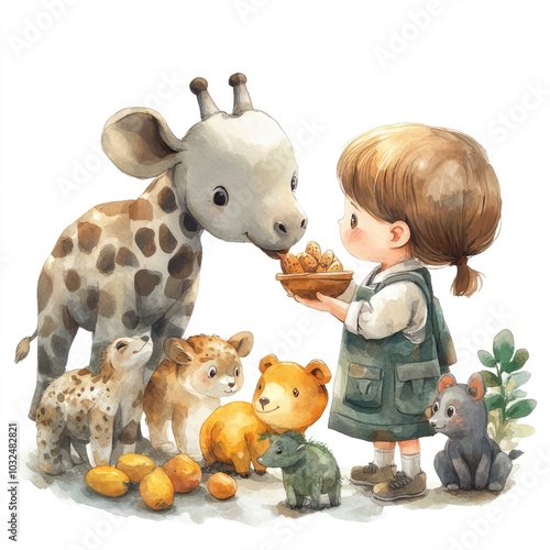 Cute Child Feeding Animals in Watercolor Style