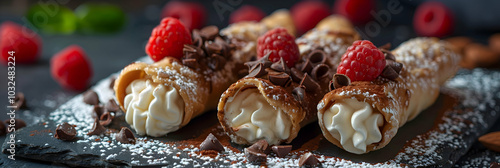 Vegan cannoli with almond cream and dark chocolate