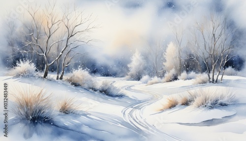 A tranquil winter watercolor landscape unfolds as soft flakes fall from the sky, dusting the winding path that cuts through a grove of frosted trees at dusk