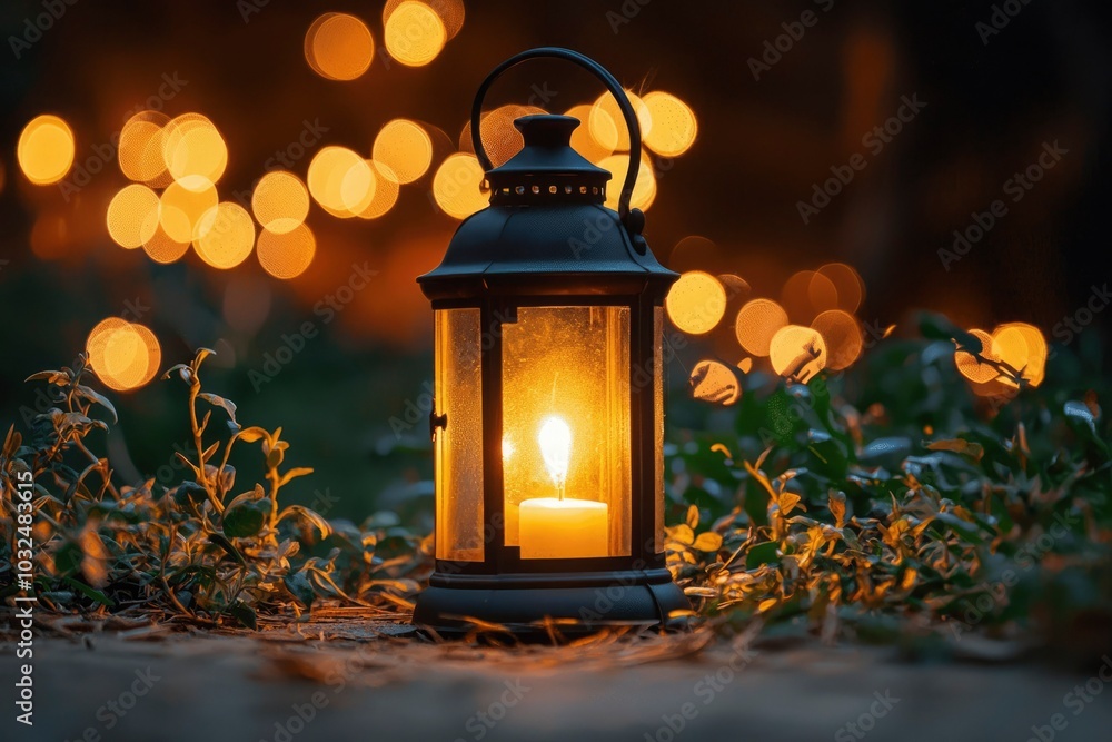 A Lighted Lantern Amongst Golden Bokeh and Foliage A Lighted Lantern Amongst Golden Bokeh and Foliage