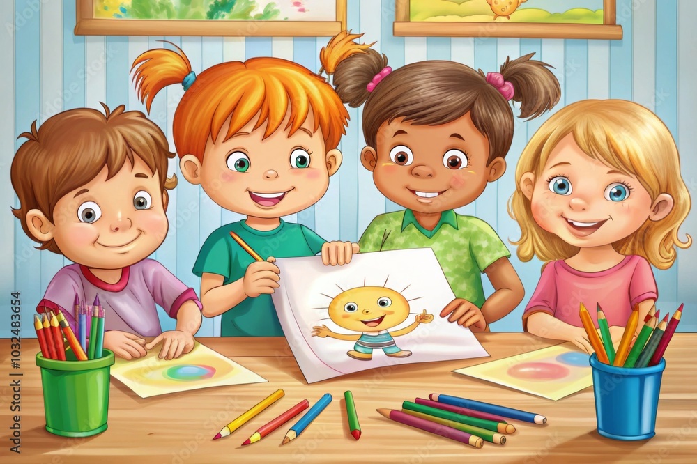 Fototapeta premium Children drawing with pencils. Illustration, smiling children have decorated the decoration and show the result