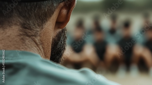 A man attentively oversees a group undergoing an outdoor training session, illustrating the themes of leadership, unity, and discipline within a structured environment. photo