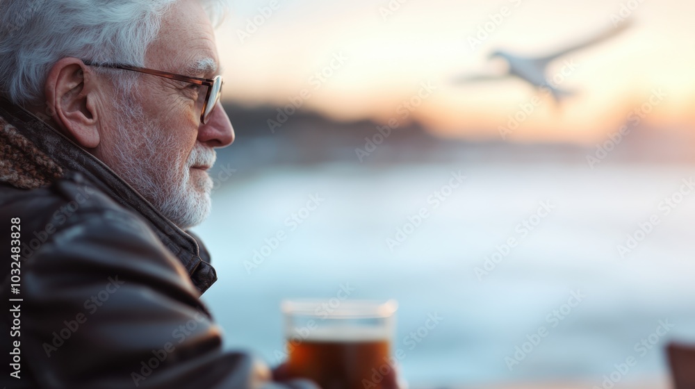 A reflective elderly man with glasses is casually enjoying a drink at the beach, watching a seagull soar by during a beautiful, calming sunset over the ocean. A reflective elderly man with glasses is casually enjoying a drink at the beach, watching a seagull soar by during a beautiful, calming sunset over the ocean.