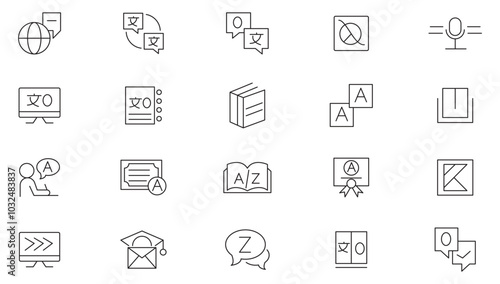 Language line icon set. Languages, translation, speaking, writing, listening, peech, non-verbal, writing, speaking, dictionary, text line icon set. UI thin line icon pack.