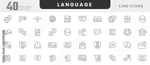 Language line icon set. Languages, translation, speaking, writing, listening, peech, non-verbal, writing, speaking, dictionary, text line icon set. UI thin line icon pack.