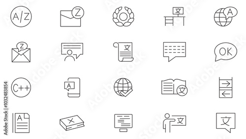 Language line icon set. Languages, translation, speaking, writing, listening, peech, non-verbal, writing, speaking, dictionary, text line icon set. UI thin line icon pack.