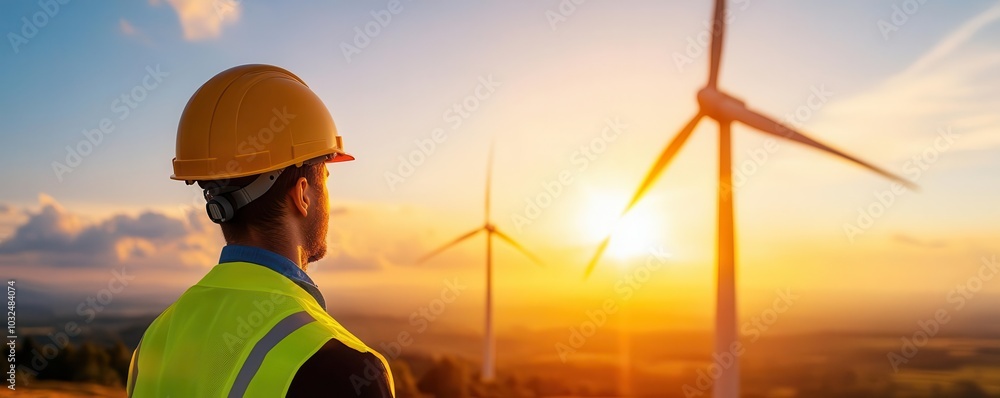 Construction worker in hard hat looks at wind turbine in sunset. Construction worker in hard hat looks at wind turbine in sunset.