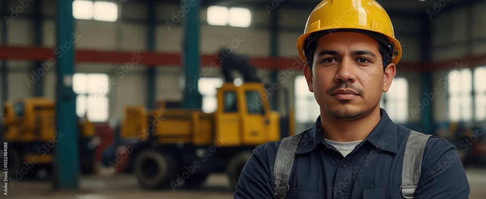 Candid shot of a confident Hispanic male factory worker with arms crossed, industrial construction Candid shot of a confident Hispanic male factory worker with arms crossed, industrial construction