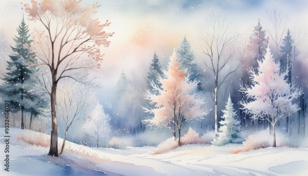 Delicate snowflakes drift gently through the air while pale pink and white trees stand majestically, creating a peaceful winter wonderland at dawn, watercolor Delicate snowflakes drift gently through the air while pale pink and white trees stand majestically, creating a peaceful winter wonderland at dawn, watercolor