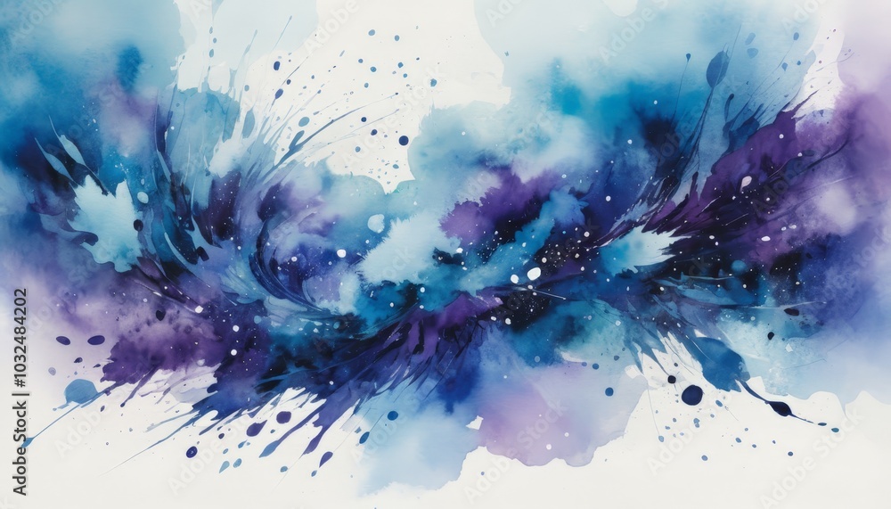 Obraz premium A captivating blend of blue and purple washes across the canvas, creating a sense of movement and emotion, as splatters and swirls convey artistic expression, watercolor