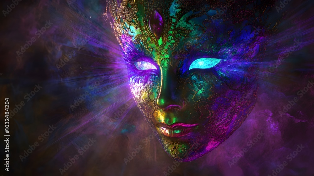 An enchanted mask with emerald green and purple light rays emanating softly from behind An enchanted mask with emerald green and purple light rays emanating softly from behind