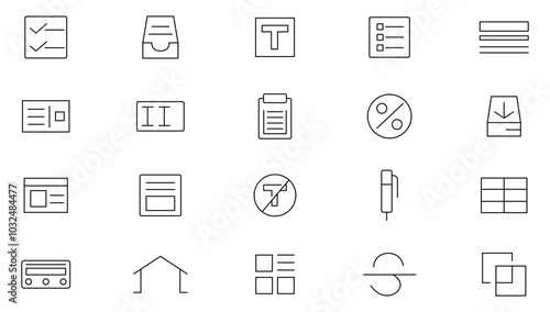 Text and Type line icon set. Read, words, copywriting, book, autor, superscript, bold, italics, JPG, MP3, PDF, left, right, center line icon set. UI thin line icon pack.