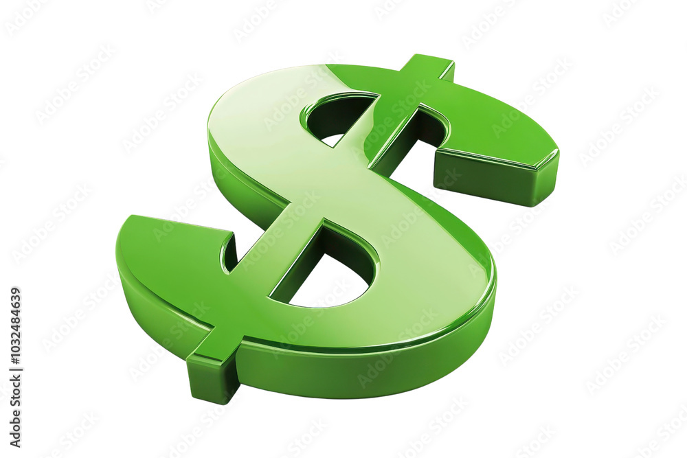 Obraz premium 3D rendering of a glossy green dollar symbol, isolated on a transparent background. representing finance, economy, and monetary concepts.