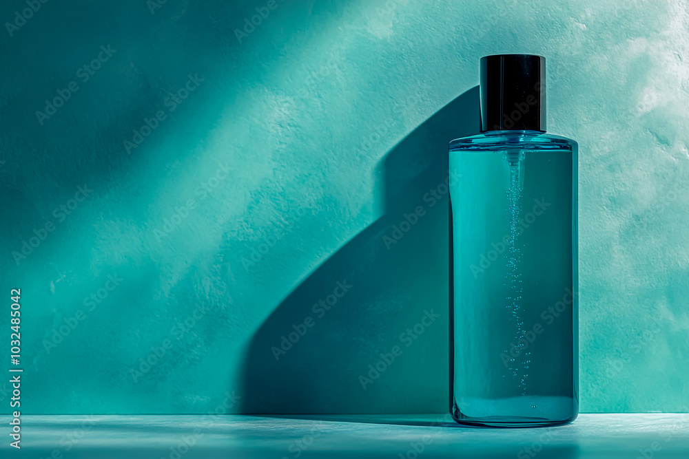 A blue bottle of shampoo with a black cap, standing on a table, with a gradient background. A blue bottle of shampoo with a black cap, standing on a table, with a gradient background.