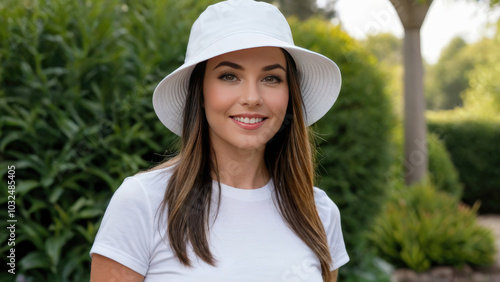 Woman wearing white t-shirt and white bucket hat standing in the garden