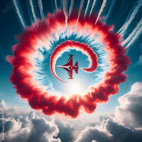 Wide-Angle View of Jet Performing Aerial Acrobatics with Turkish Flag Smoke Trail Against a Blue Sky – Dynamic and Dramatic Aerial Show photo