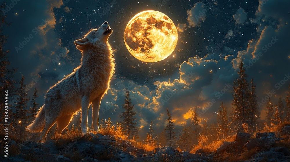 A lone wolf howls at the full moon in a starry night, surrounded by a forest. A lone wolf howls at the full moon in a starry night, surrounded by a forest.