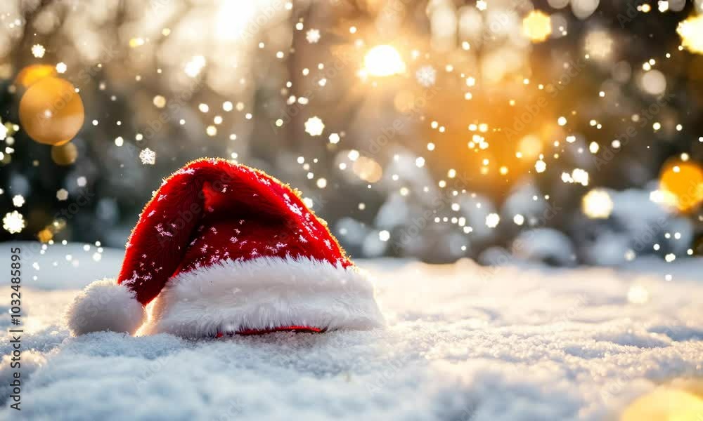 Red Santa hat on snow with white star, sun shining through. Festive winter. Red Santa hat on snow with white star, sun shining through. Festive winter.