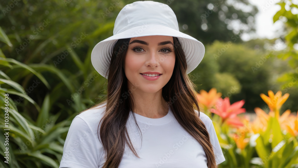 Woman wearing white t-shirt and white bucket hat standing in the garden Woman wearing white t-shirt and white bucket hat standing in the garden