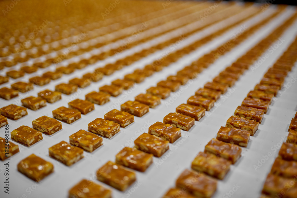 Fototapeta premium Candy production at a candy factory. Sweets on the conveyor belt. Industrial production, factory