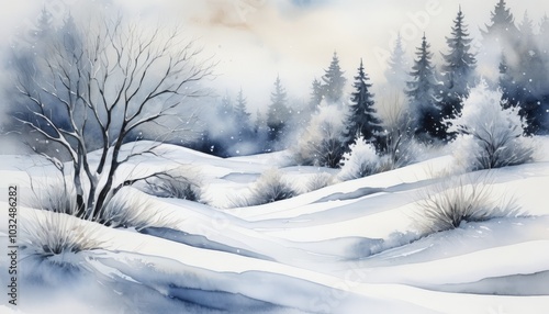 Soft snow blankets the rolling hills, while tall evergreen trees rise majestically in the background, creating a serene winter wonderland scene. Gentle snowfall adds to the peaceful atmosphere