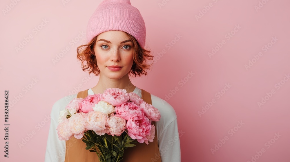 A young woman with red hair in a pink beanie holds a bouquet of pink flowers, posing against a pink backdrop, exuding warmth and charm with a cheerful expression. A young woman with red hair in a pink beanie holds a bouquet of pink flowers, posing against a pink backdrop, exuding warmth and charm with a cheerful expression.