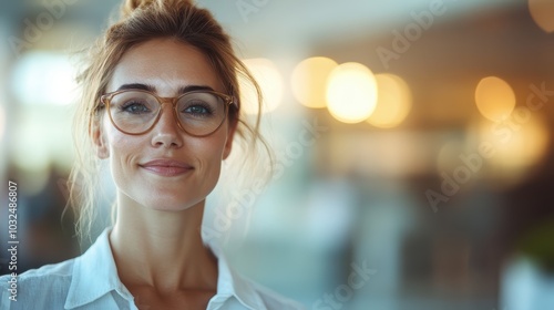 A confident woman with light brown hair and glasses stands in a softly lit interior, embodying intelligence and poise, while subtly embracing contemporary elegance. photo