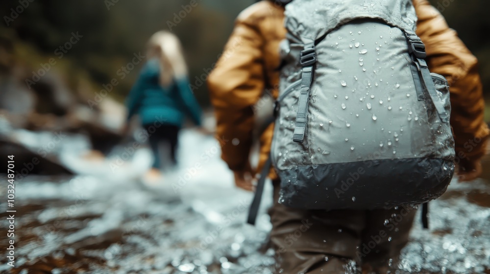 A pair of hikers in rain jackets and large backpacks cross a rocky river, navigating the rugged terrain with determination and companionship, captured in vivid detail. A pair of hikers in rain jackets and large backpacks cross a rocky river, navigating the rugged terrain with determination and companionship, captured in vivid detail.
