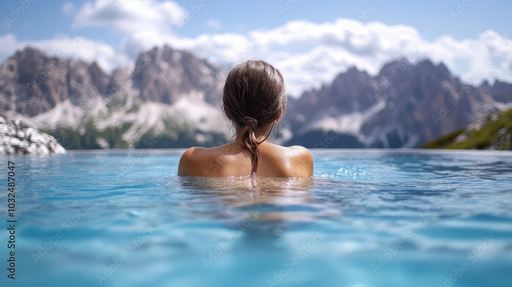 A woman with her back turned is relaxing in an infinity pool, facing stunning mountainous landscapes under a partly cloudy sky, capturing a serene moment of tranquility. A woman with her back turned is relaxing in an infinity pool, facing stunning mountainous landscapes under a partly cloudy sky, capturing a serene moment of tranquility.