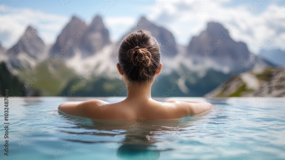 A person is seen from behind, resting against the pool edge with majestic mountains in the background, creating a peaceful scene with clear blue waters and vivid skies. A person is seen from behind, resting against the pool edge with majestic mountains in the background, creating a peaceful scene with clear blue waters and vivid skies.