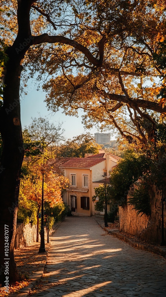 Naklejka premium A cobblestone street lined with trees in the fall, with a house in the distance.