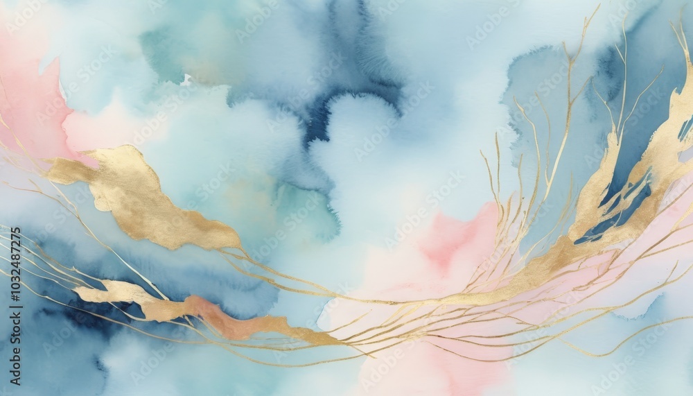 Fototapeta premium This artistic watercolor piece features gentle pastel swirls of blue, pink, and green, intertwined with shimmering gold elements, creating a tranquil and sophisticated atmosphere