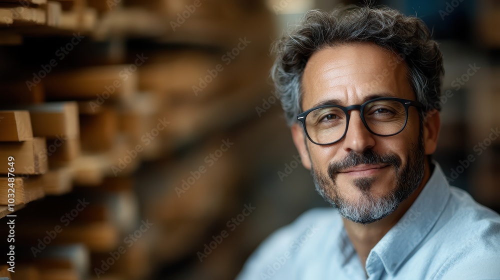 A middle-aged man with glasses smiles confidently in a workshop surrounded by wooden planks, signifying craftsmanship and expertise. A middle-aged man with glasses smiles confidently in a workshop surrounded by wooden planks, signifying craftsmanship and expertise.