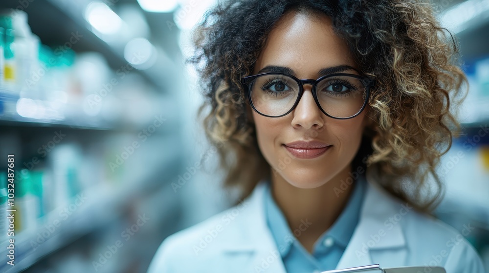 A young pharmacist with curly hair and glasses smiles warmly in a pharmacy aisle, showcasing approachability and enthusiasm surrounded by shelves of medicine. A young pharmacist with curly hair and glasses smiles warmly in a pharmacy aisle, showcasing approachability and enthusiasm surrounded by shelves of medicine.