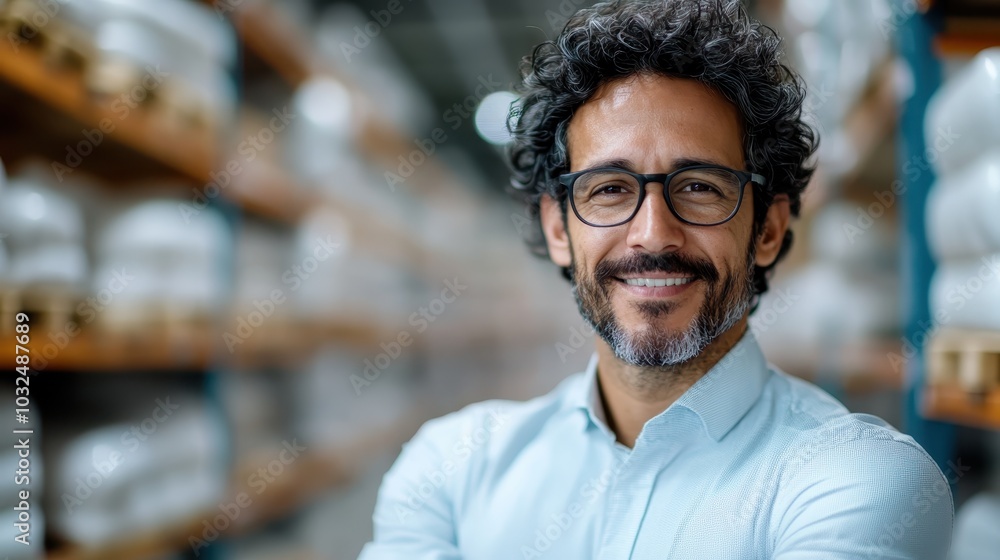 A confident man with curly hair and glasses smiles warmly as he stands in a brightly lit, organized warehouse showcasing his energetic and lively spirit. A confident man with curly hair and glasses smiles warmly as he stands in a brightly lit, organized warehouse showcasing his energetic and lively spirit.