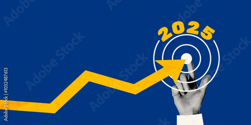 Achieve goal in 2025 year concept art collage. Rising arrow chart halftone hand pointing to center of dartboard. Business goal, achieve targets, success. Modern retro vector illustration 