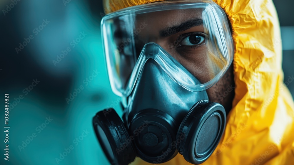 A person in a yellow protective suit with a face mask, indicative of scientific research or hazardous material handling, emphasizing diligence and detail. A person in a yellow protective suit with a face mask, indicative of scientific research or hazardous material handling, emphasizing diligence and detail.