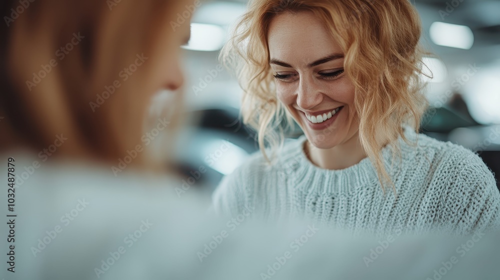 A cheerful woman in a knitted sweater beams with a genuine smile, capturing a moment of pure happiness and vibrant joy that radiates warmth and positivity. A cheerful woman in a knitted sweater beams with a genuine smile, capturing a moment of pure happiness and vibrant joy that radiates warmth and positivity.