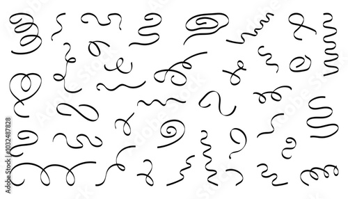 Exploding confetti and ribbon doodle drawing. Black marker line art vector. Party, carnival decoration linear icon set 