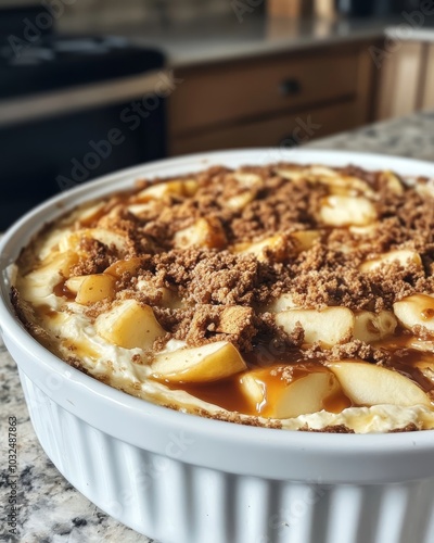 Close-up of a homemade apple crumble in a white dish, topped with caramel sauce and crumbly streusel, set on a kitchen counter.
 photo