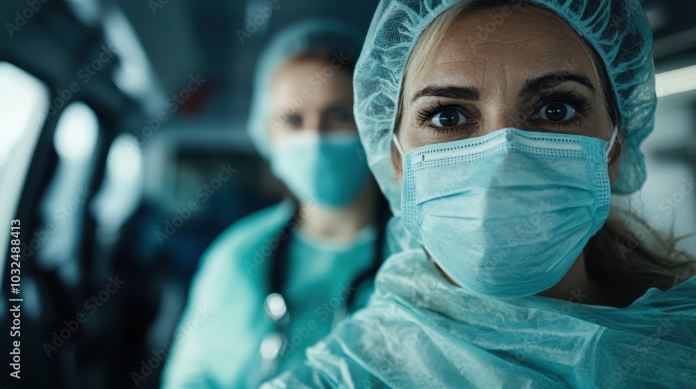 Medical professionals wearing masks and scrubs, focusing on serious expressions, showcasing commitment to healthcare during intense situations within a clinical environment. Medical professionals wearing masks and scrubs, focusing on serious expressions, showcasing commitment to healthcare during intense situations within a clinical environment.