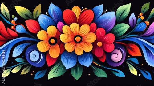 Intricate bouquet on vibrant, handwoven folk cloth, surreal colors, high contrast, psychedelic illustration