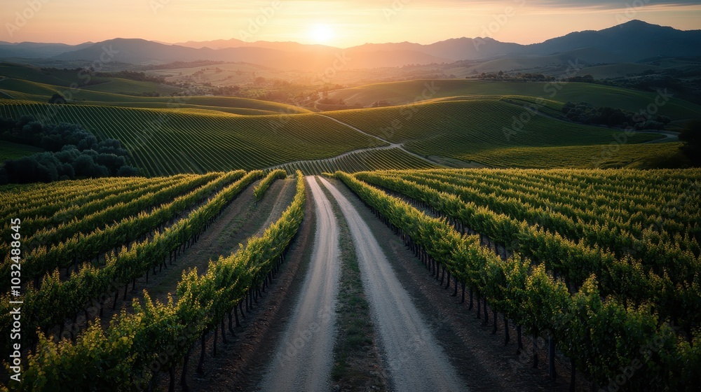 The image shows a vineyard with a curvy path meandering through neatly arranged rows of vines, bathed in the waning sunlight within a serene, rural landscape. The image shows a vineyard with a curvy path meandering through neatly arranged rows of vines, bathed in the waning sunlight within a serene, rural landscape.