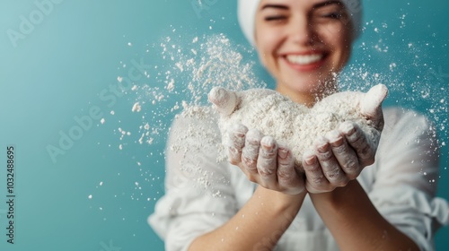 A joyful baker in a chef’s outfit enthusiastically tosses flour into the air, capturing the exuberance of baking and the artistry involved in culinary creation. photo