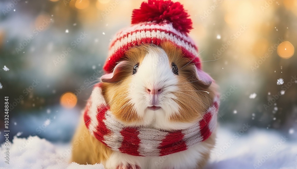 A cute guinea pig with a knitted hat and scarf enjoys a snowy winter landscape and radiates Christmas joy. A cute guinea pig with a knitted hat and scarf enjoys a snowy winter landscape and radiates Christmas joy.