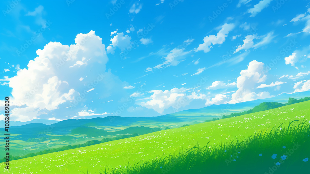 Anime style landscape of summer fields with green grass and clouds wonderful summer feeling
Anime style landscape of summer fields with green grass and clouds wonderful summer feeling