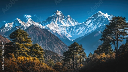 Majestic mountain landscape with snow-capped peaks and lush greenery in the foreground.