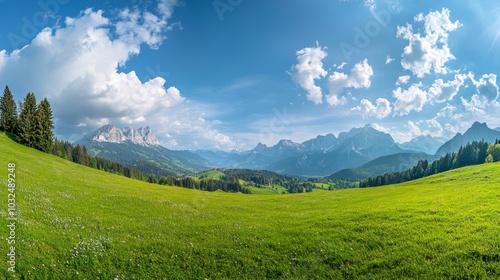 A serene panoramic view of lush green fields and majestic mountains under a bright sky.