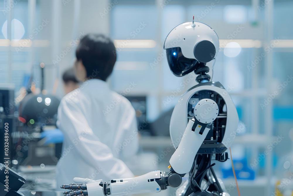 soft focus shot captures robot in modern workspace, highlighting its intricate design and technology. scene conveys sense of innovation and collaboration in futuristic environment soft focus shot captures robot in modern workspace, highlighting its intricate design and technology. scene conveys sense of innovation and collaboration in futuristic environment